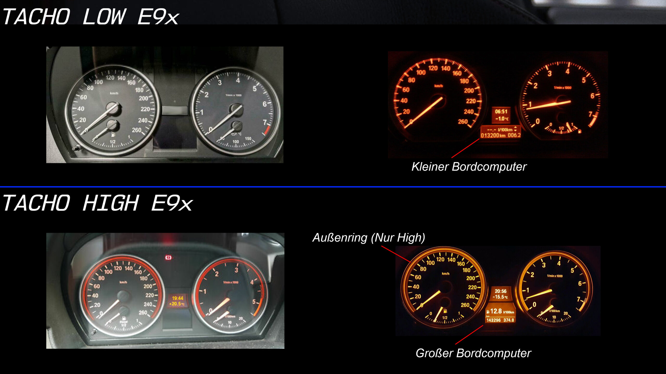 Sport-Look Tacho Umbau Komplettset passend für BMW E90 E91 E92 E93 X1 E84  Zeiger+Ringe+LEDs