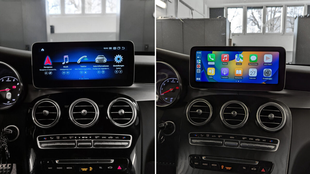 mercedes_cklasse_w205_android_navi_apple_carplay_nachrüsten_widescreen_touch_display Android-Navi mit Apple-CarPlay in der Mercedes C-Klasse W205 nachrüsten