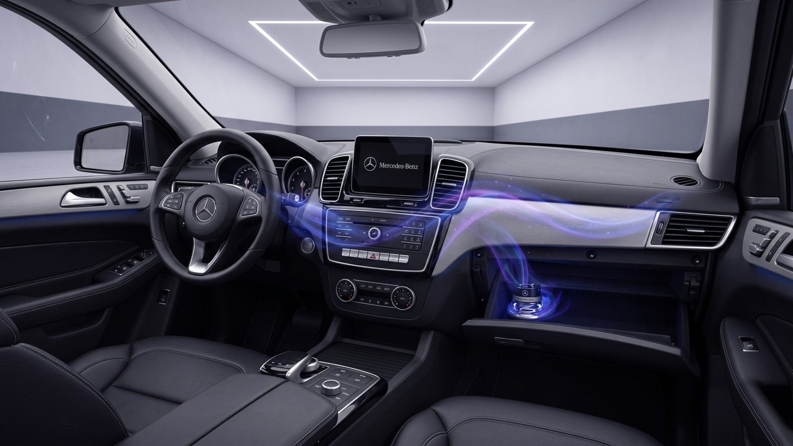 mercedes_gle_w166_airbalance_nachrüstung_beduftung_carhex_einbau_duft_flakon_1 Mercedes GLE W166 Innenraum mit blauer Ambientebeleuchtung