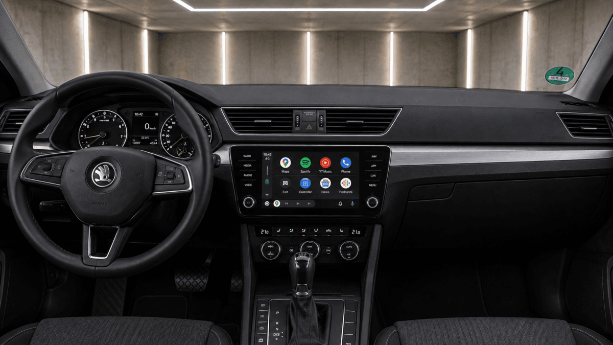 Apple CarPlay und Android Auto auf dem Fahrzeugdisplay im Skoda Superb III 3V Innenraum