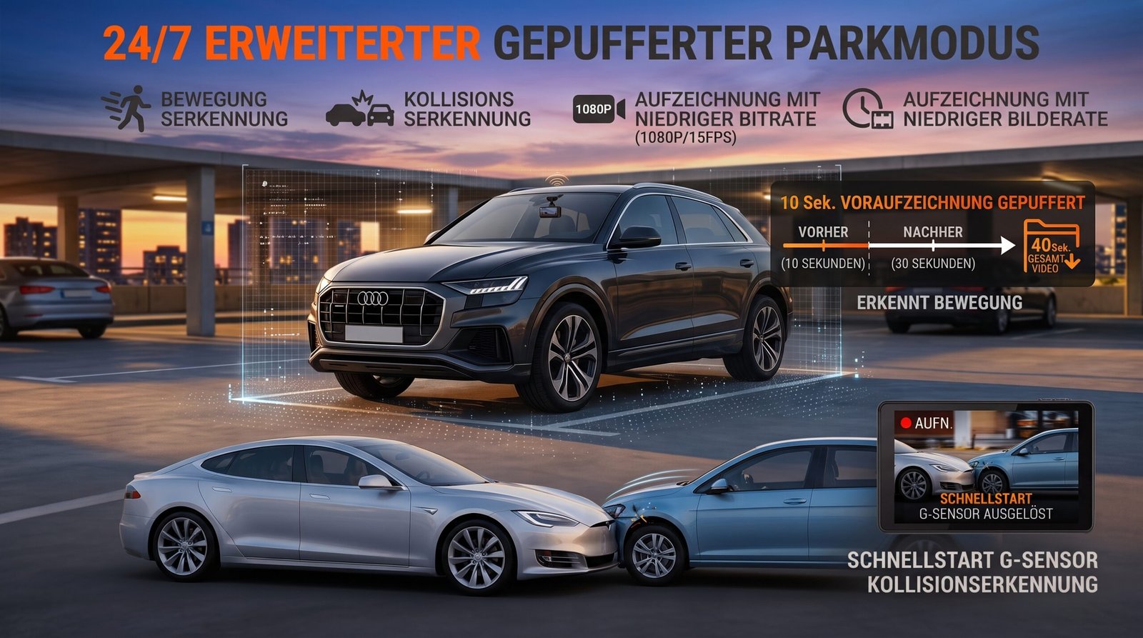 Vantrue Dashcam 24/7 Parkmodus und Parküberwachung