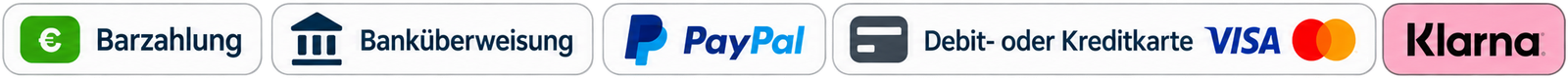 Akzeptierte Zahlungsarten: Barzahlung, Banküberweisung, PayPal, Debit- oder Kreditkarte und Klarna
