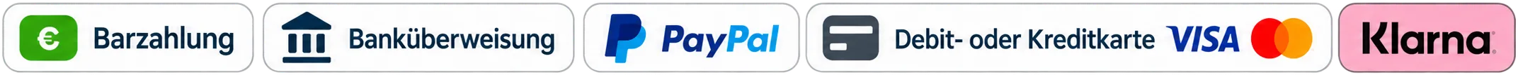 Akzeptierte Zahlungsarten: Barzahlung, Banküberweisung, PayPal, Debit- oder Kreditkarte und Klarna