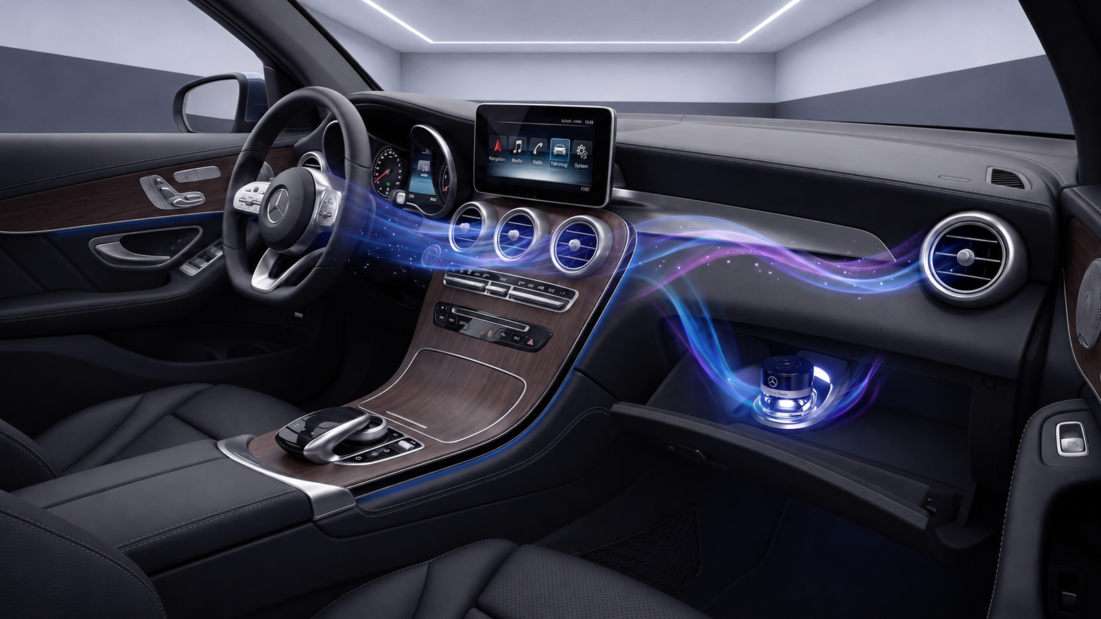 Beleuchteter AIR-BALANCE Flakonhalter im Mercedes Handschuhfach